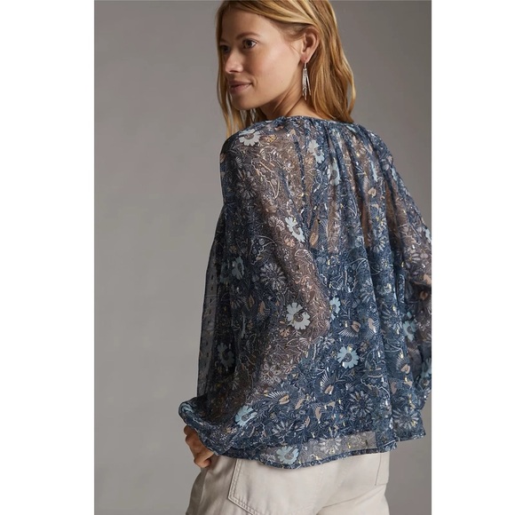 Anthropologie Let Me Be Blue Floral Sheer Chiffon Blouse M Puffed Sleeves Boho - Picture 3 of 14